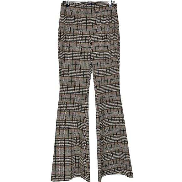 Abercrombie & Fitch High Rise Pull On Plaid Flare Pants | Black Tan | SZ S - Picture 2 of 10